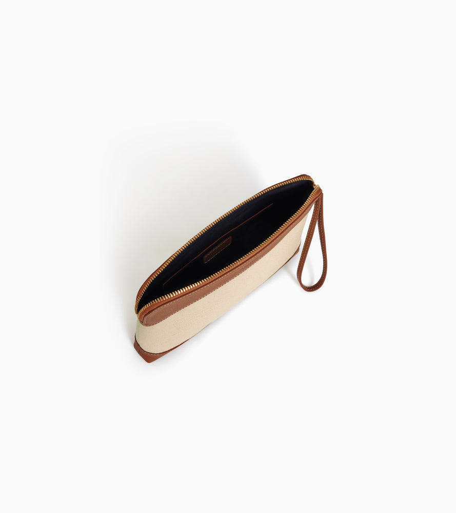 Pochette zippée en toile coton et cuir grainé