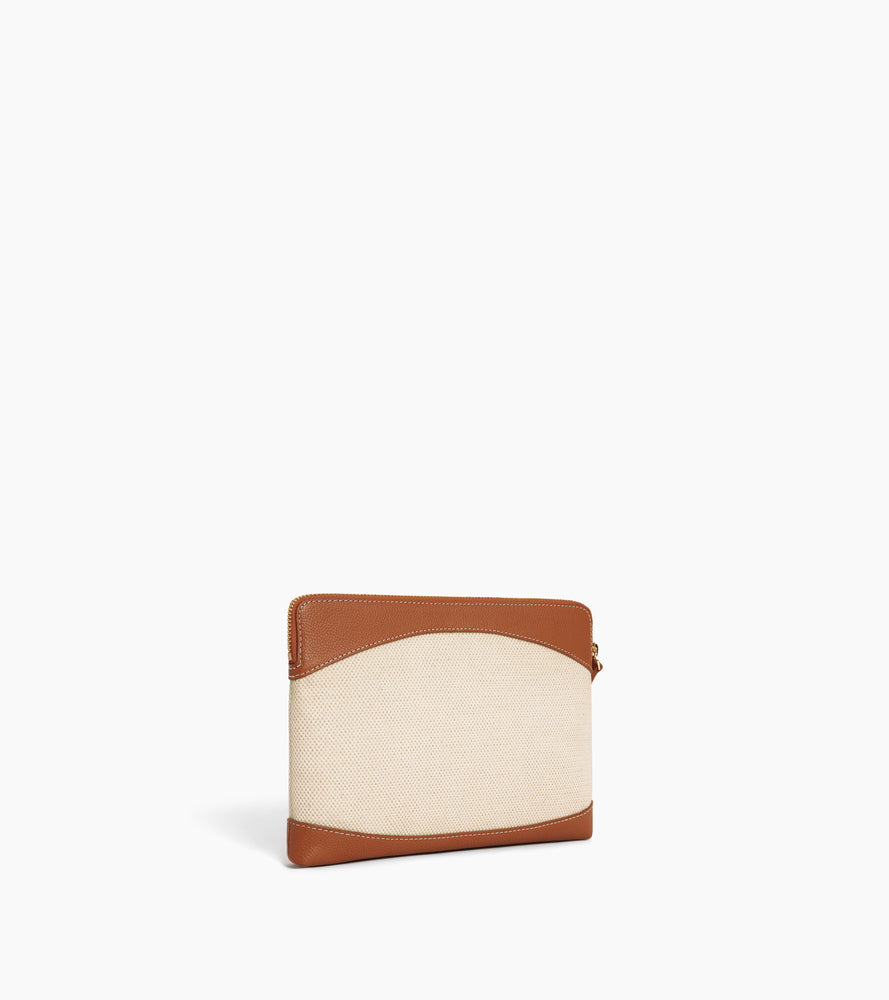 Pochette zippée en toile coton et cuir grainé